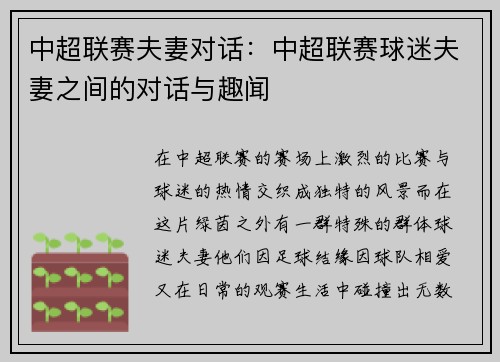 中超联赛夫妻对话：中超联赛球迷夫妻之间的对话与趣闻